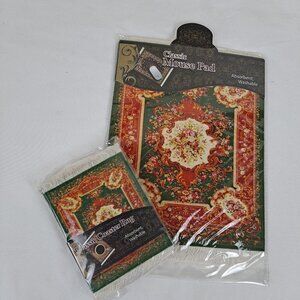 Arabic Rug Mouse Pad with Set of 4 Matching Coasters Green, Oange White NWT